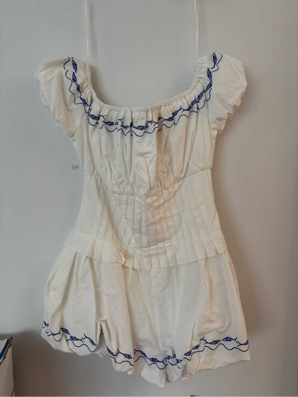 brand new! line & dot white & blue fish embroidered off the shoulder romper 🌊